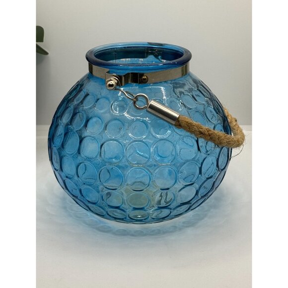 Blue Bubble Glass Hanging Candle Holder With Metal & Rope Handle - Picture 2 of 14